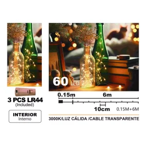 Luces Alambre Cobre 60L Cálida